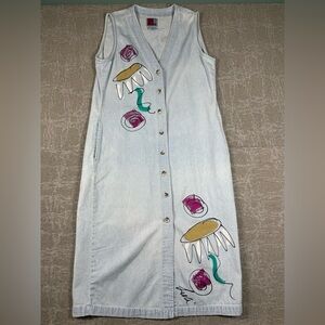 Vintage Sun Belt Denim Button Down Boho Painted Sleeveless Midi Dress USA M